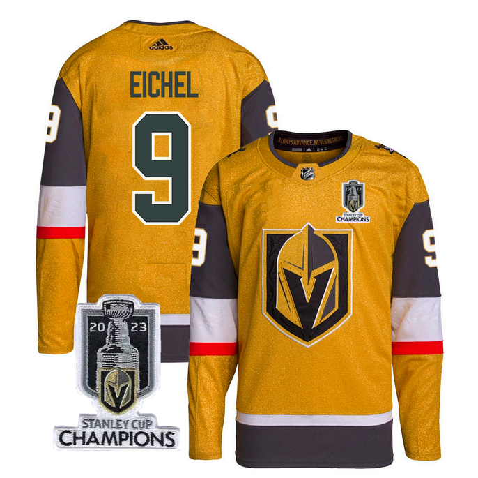 Men's Vegas Golden Knights #9 Jack Eichel Gold 2023 Stanley Cup Champions Stitched Jersey
